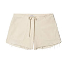 Beige shorts with tassel details on a white background