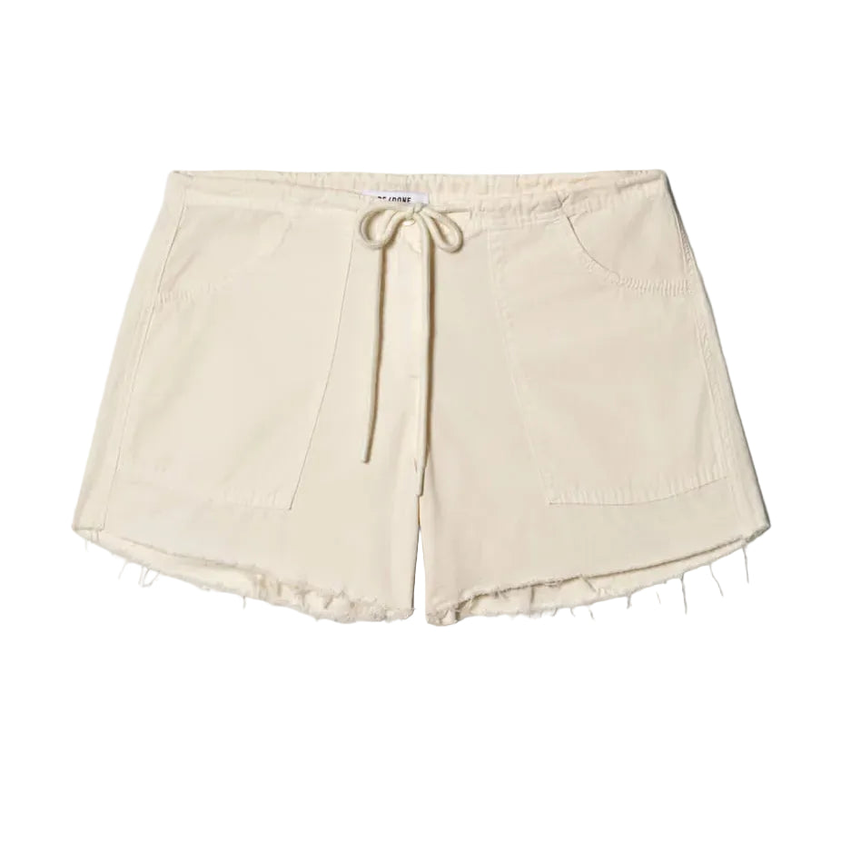 Beige shorts with tassel details on a white background