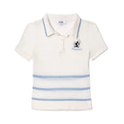 White knit polo with Mickey Mouse embroidery on a white background