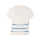 Back view of a white and blue striped shirt on a white background