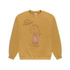 Mustard yellow sweatshirt with a graphic design on a white background