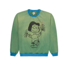 Green sweatshirt with a black outline of a character on a white background