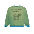 Green sweatshirt with text on the back on a white background