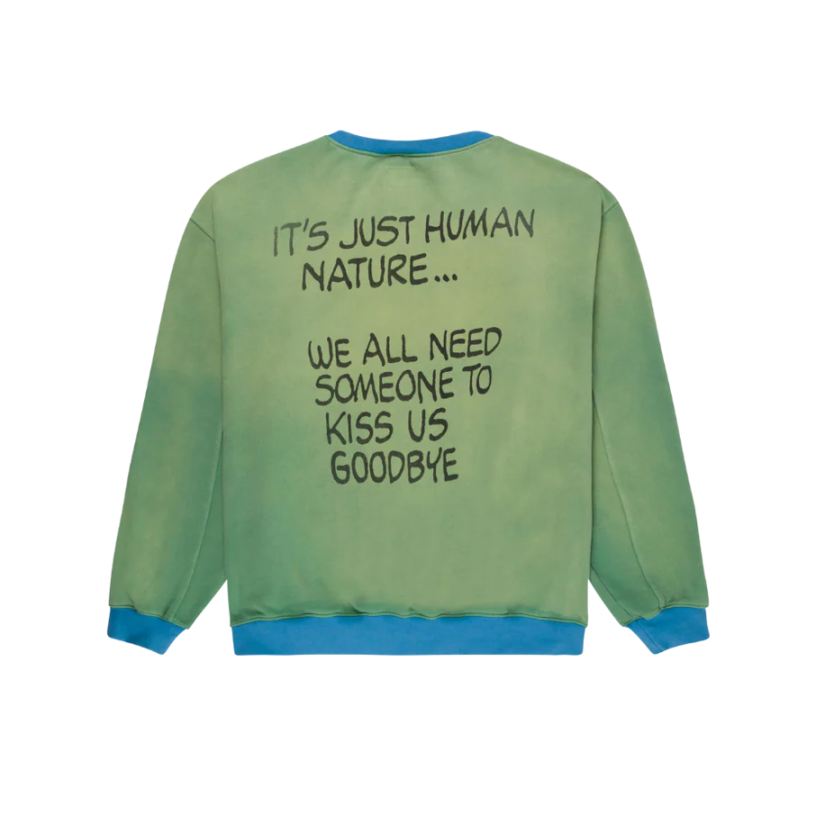 Green sweatshirt with text on the back on a white background