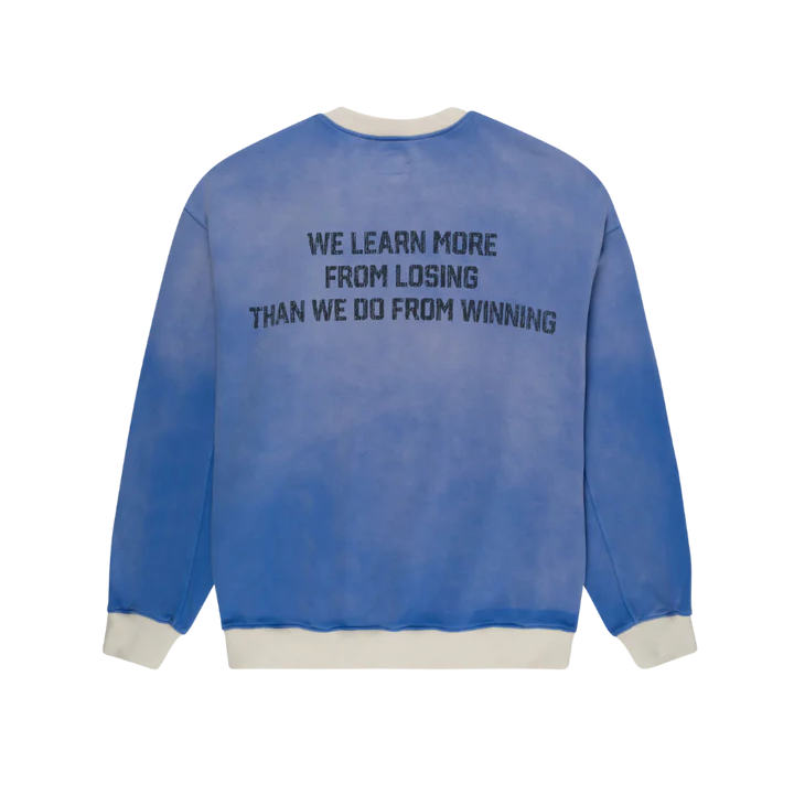 Blue sweatshirt with text on the back on a white background