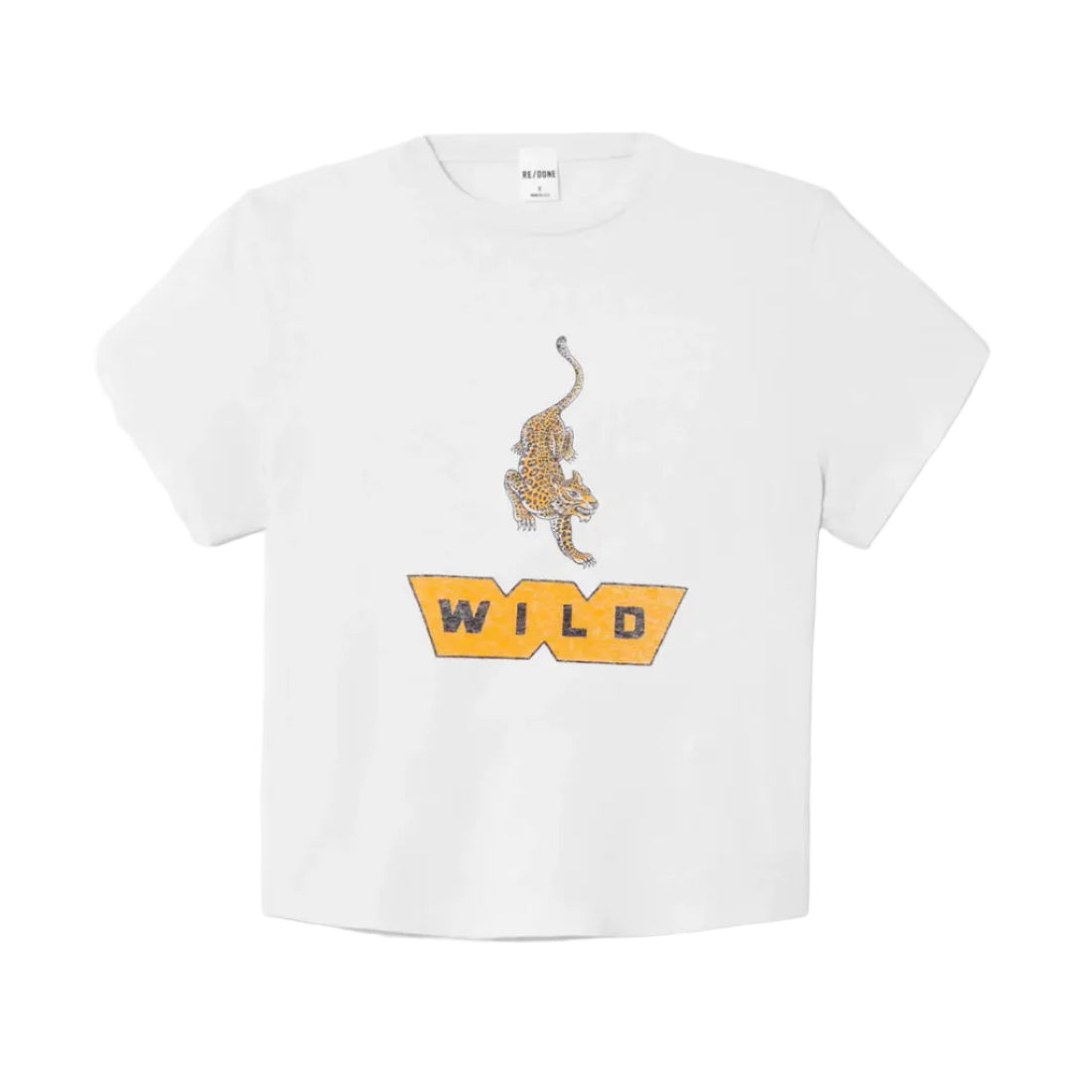 White t-shirt with a leopard graphic and 'WILD' text on a white background
