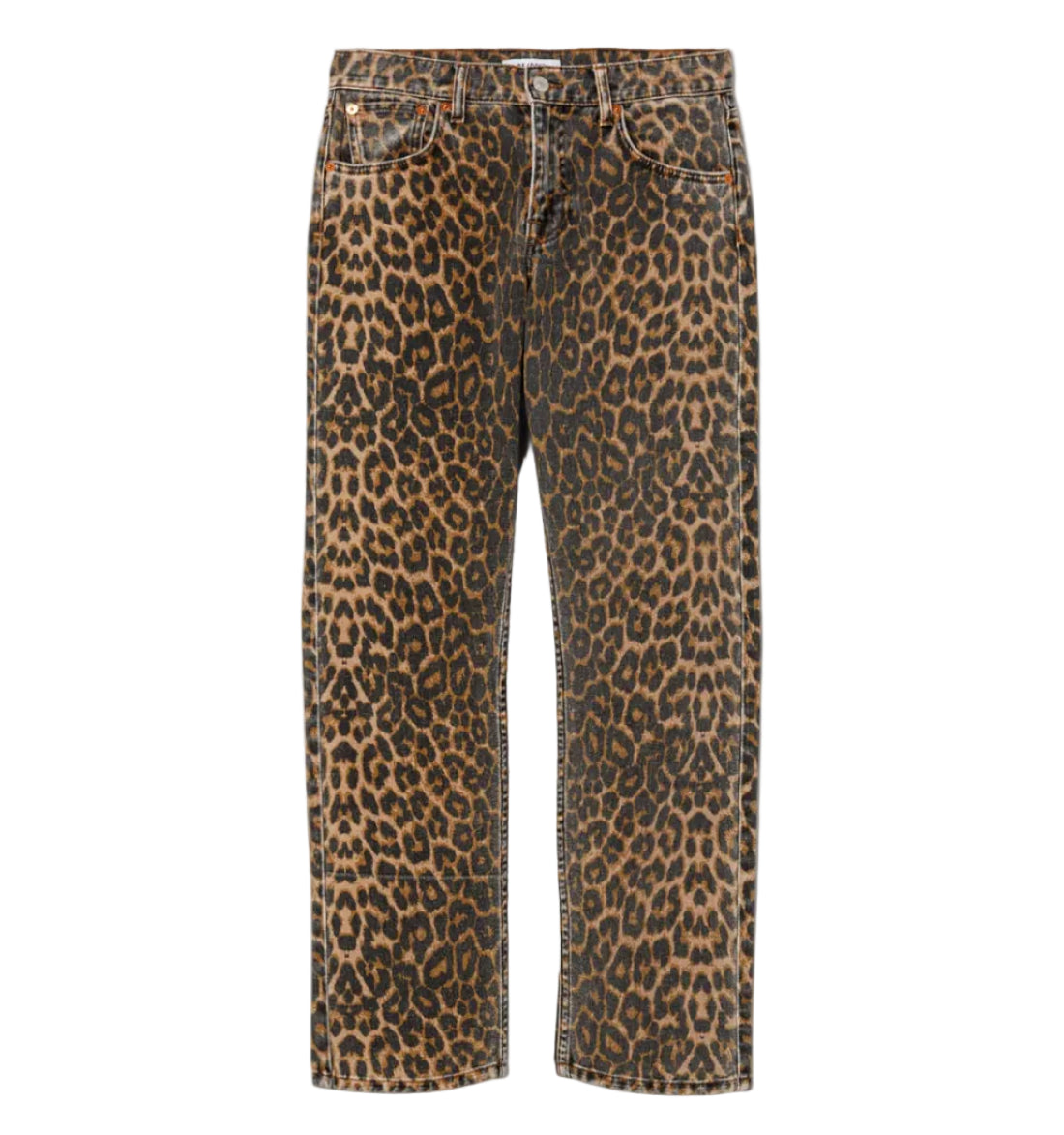 Leopard print jeans on a white background