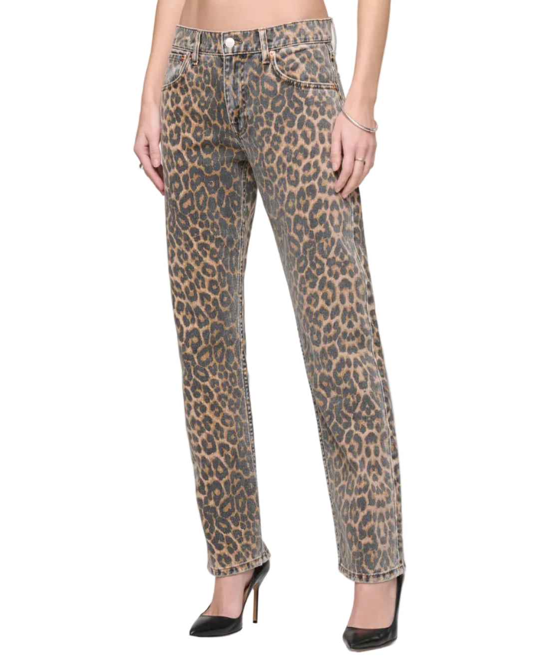 Leopard print jeans worn by a person on a white background