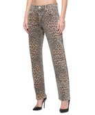 Leopard print jeans worn by a person on a white background