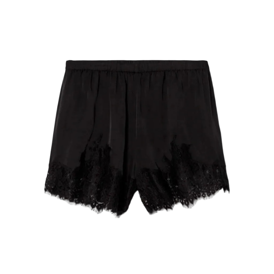 Black lace-trimmed shorts on a white background