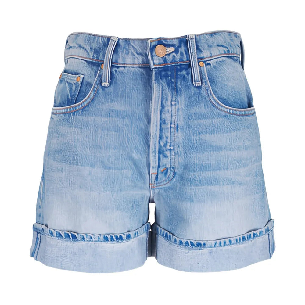 Light blue denim shorts on a white background
