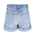 Light blue denim shorts on a white background