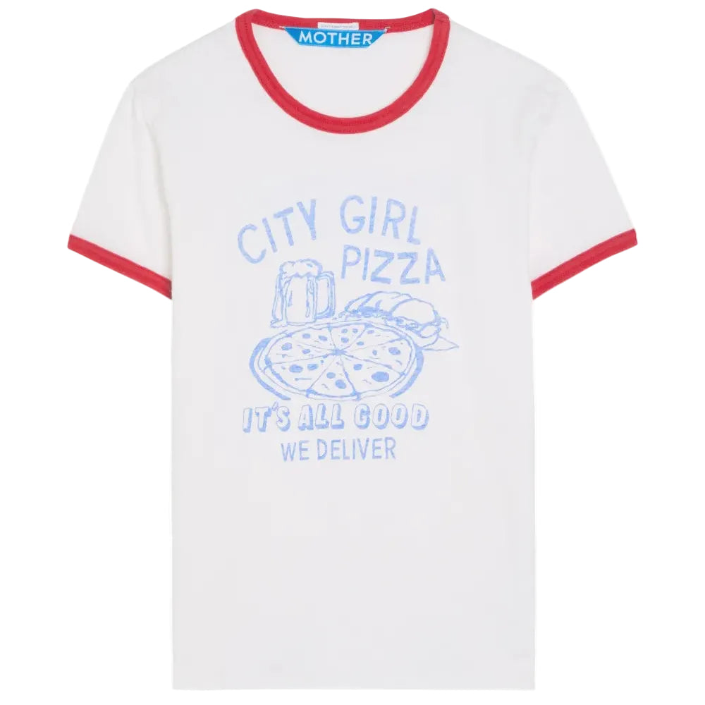 White t-shirt with red trim featuring a pizza graphic and text on a white background