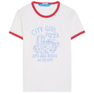 White t-shirt with red trim featuring a pizza graphic and text on a white background