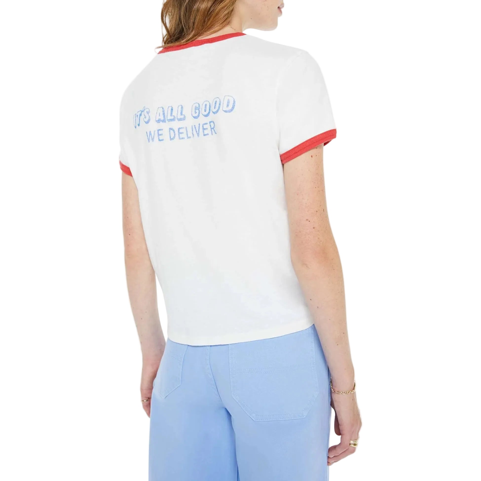 Woman wearing a white t-shirt with red trim and blue pants on a white background
