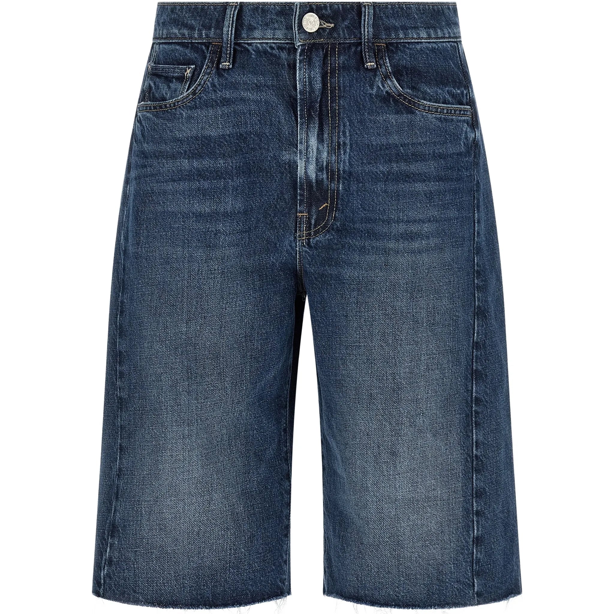 Blue denim shorts on a white background