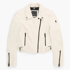 White leather jacket with black zippers on a white background