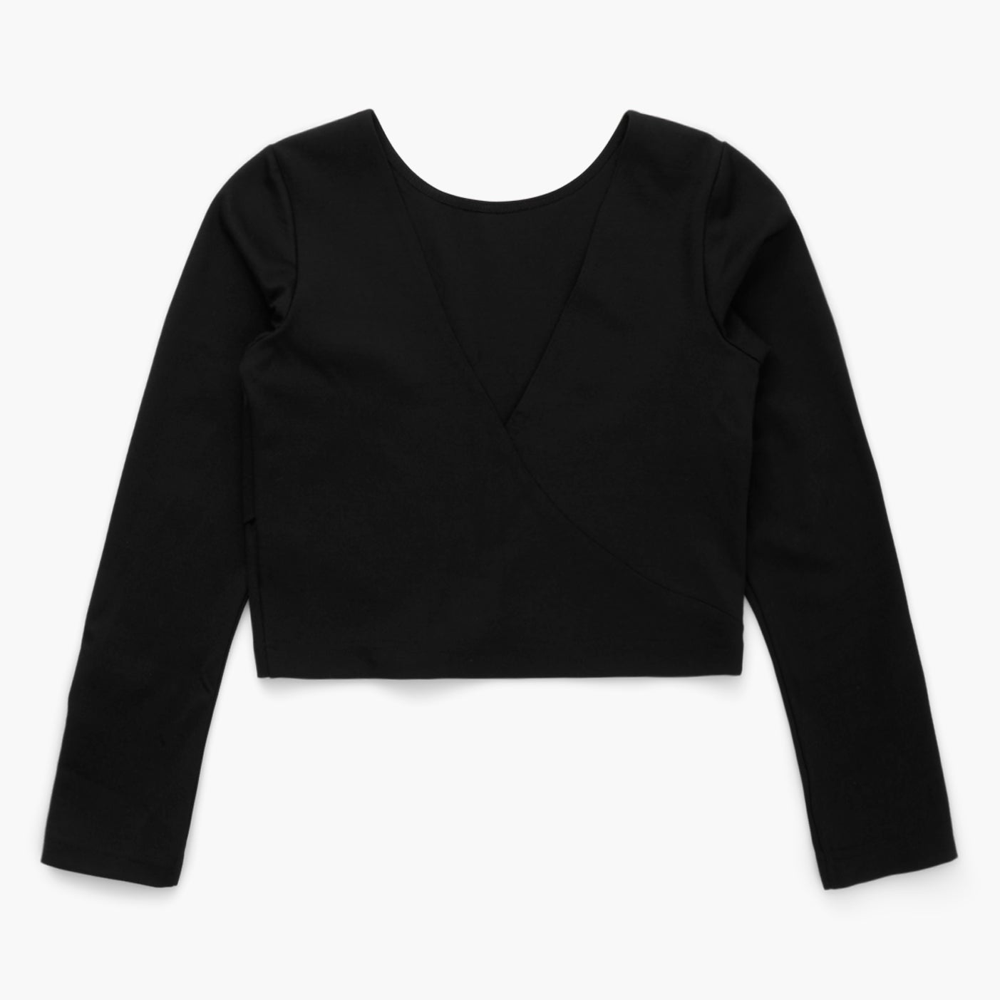 Black long-sleeve crop top on a white background