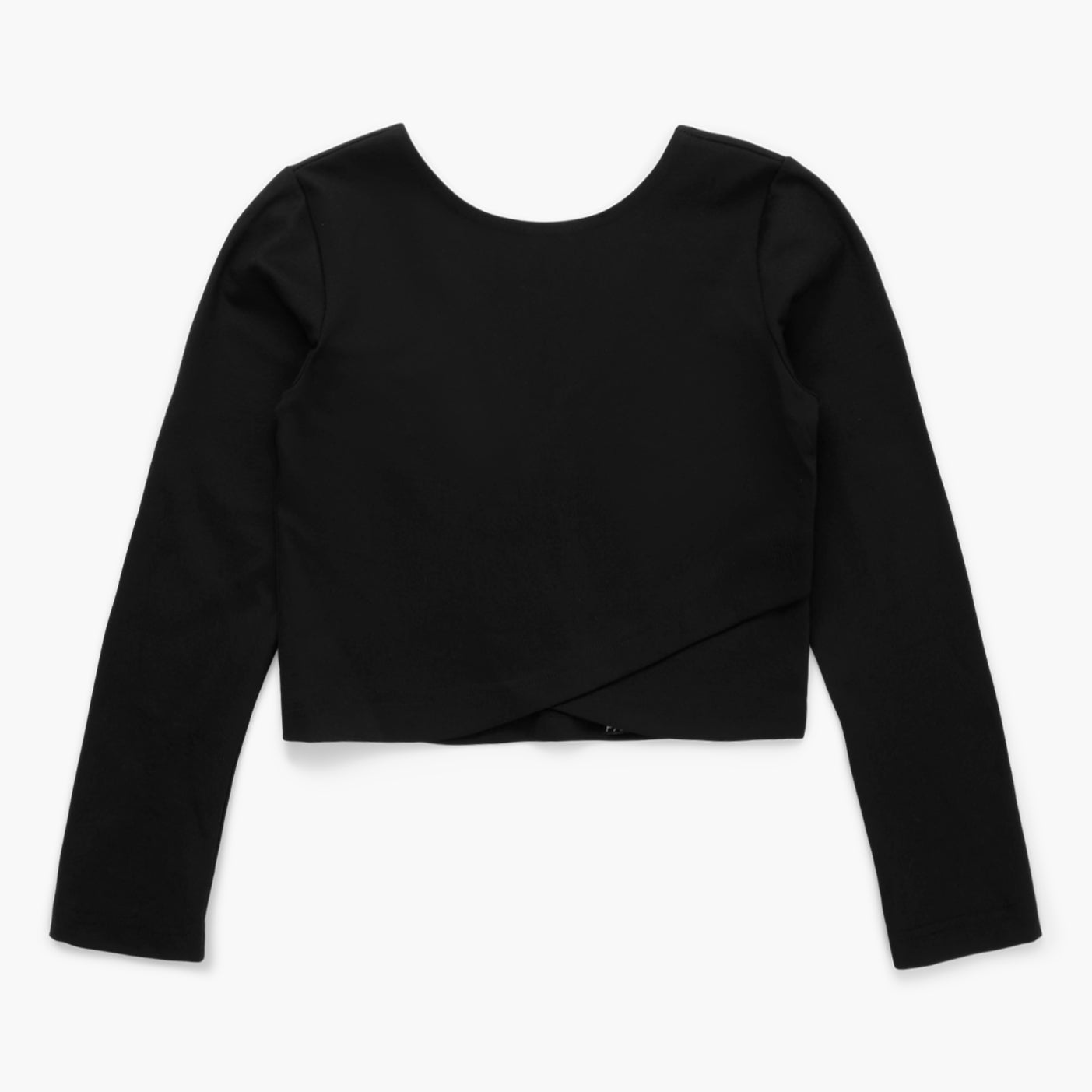 Black long-sleeve top with a twisted design on a white background