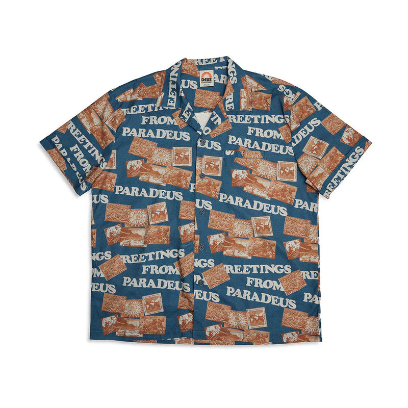 Shirt with 'Greetings from Paradeus' print on a white background