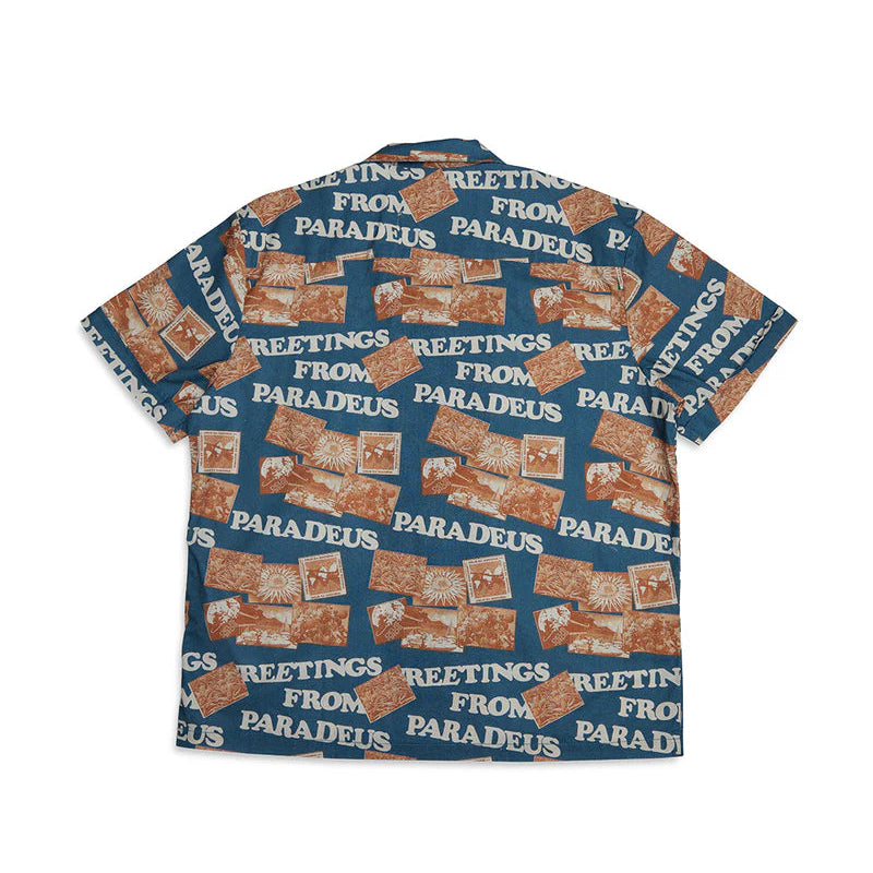 Short-sleeve shirt with 'Greetings from Pardeus' print on a white background