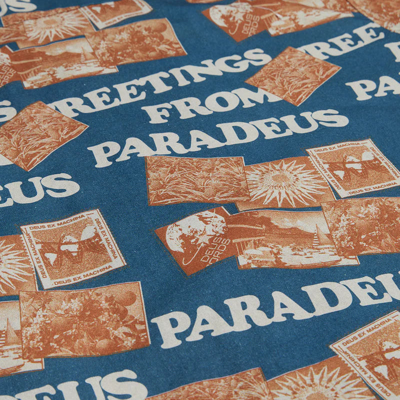 Patterned fabric with 'Greetings from Paradeus' text and vintage-style designs on a blue background.