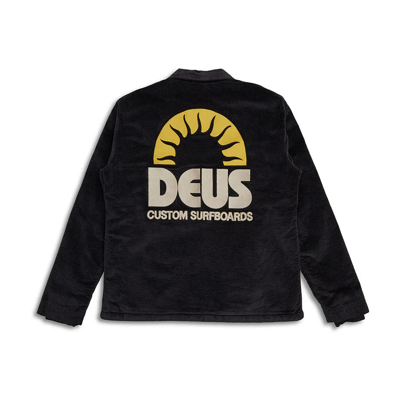 Black jacket with yellow and white logo on the back on a white background