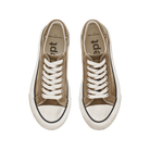 Pair of brown sneakers with white laces on a white background