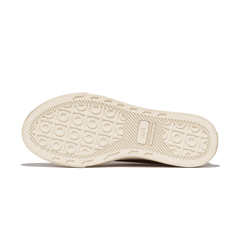 Close-up of a white sneaker sole with patterned tread on a white background