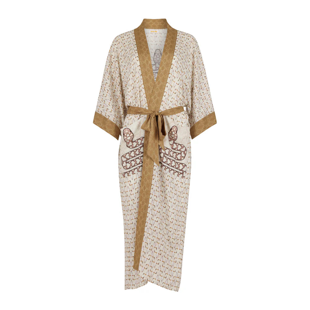Beige and brown patterned robe on a white background
