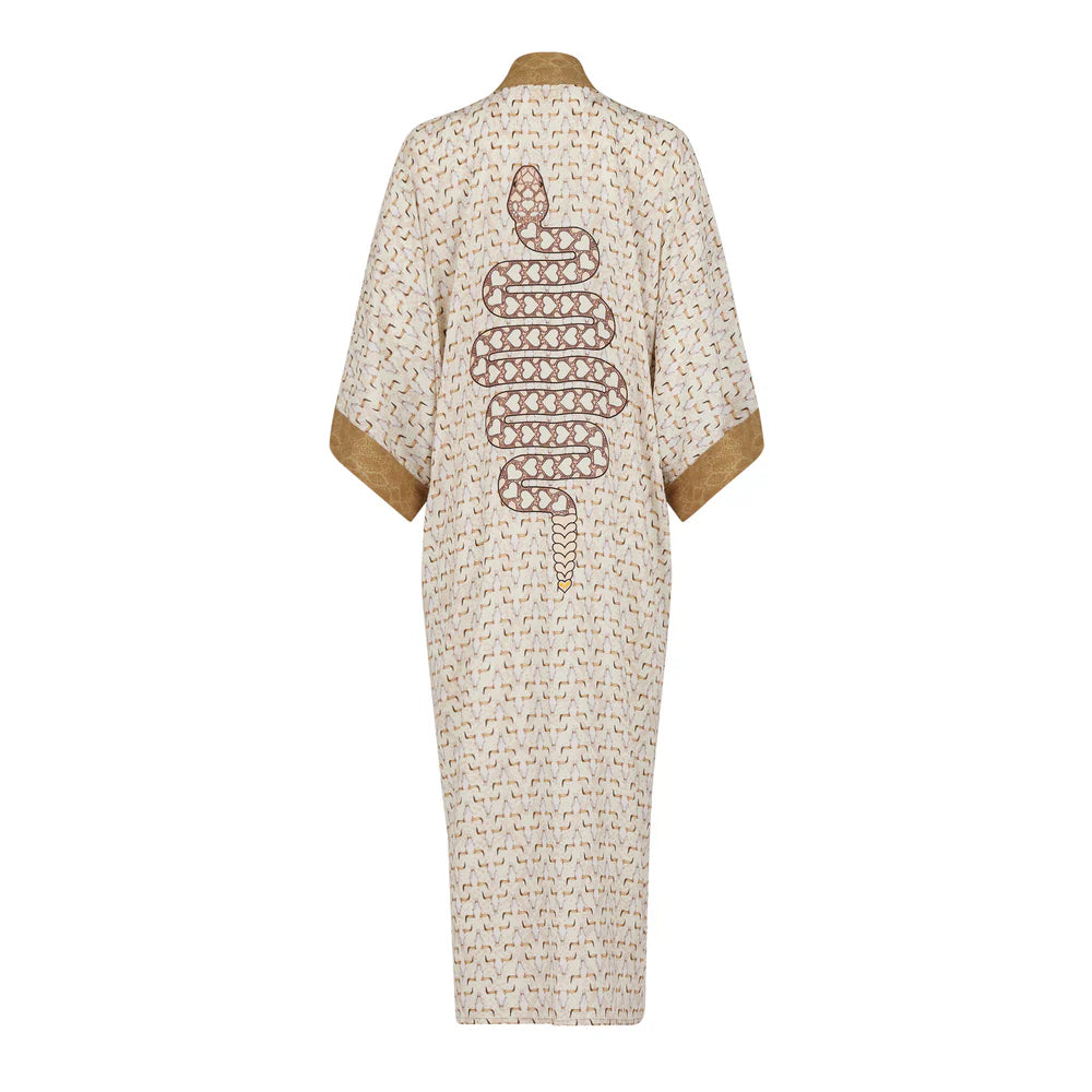 Beige robe with snake design on a white background