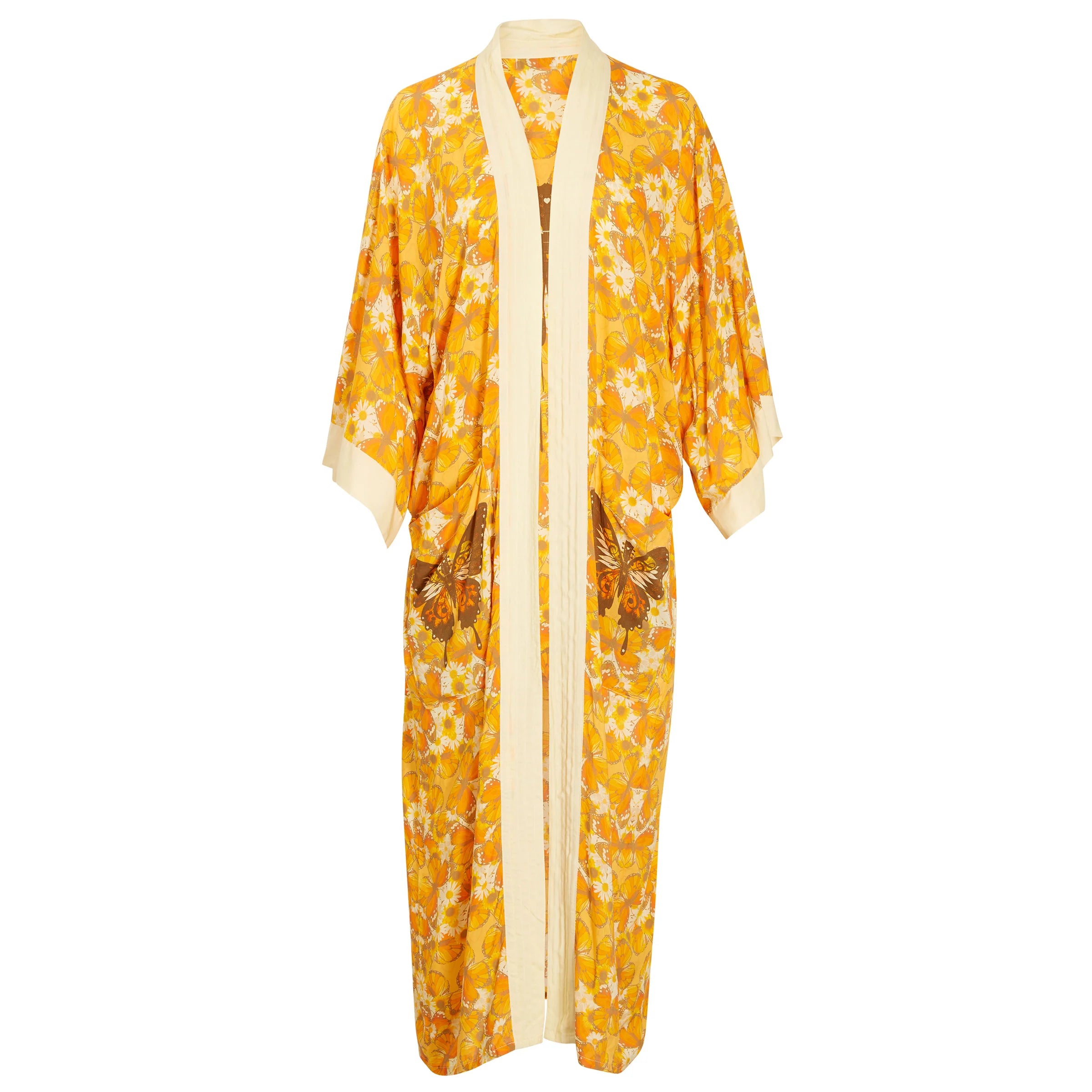 Yellow floral kimono-style dress with a white border on a white background