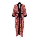 Pink floral kimono-style robe on a white background