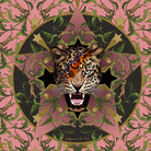 Leopard head in a decorative frame with a pink and green pattern