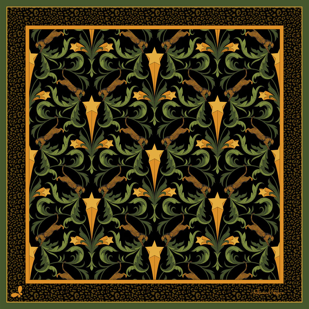 Decorative pattern with green and gold elements on a black background