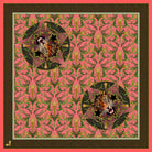 Artistic design with pink and green patterns and abstract elements on a pink background.