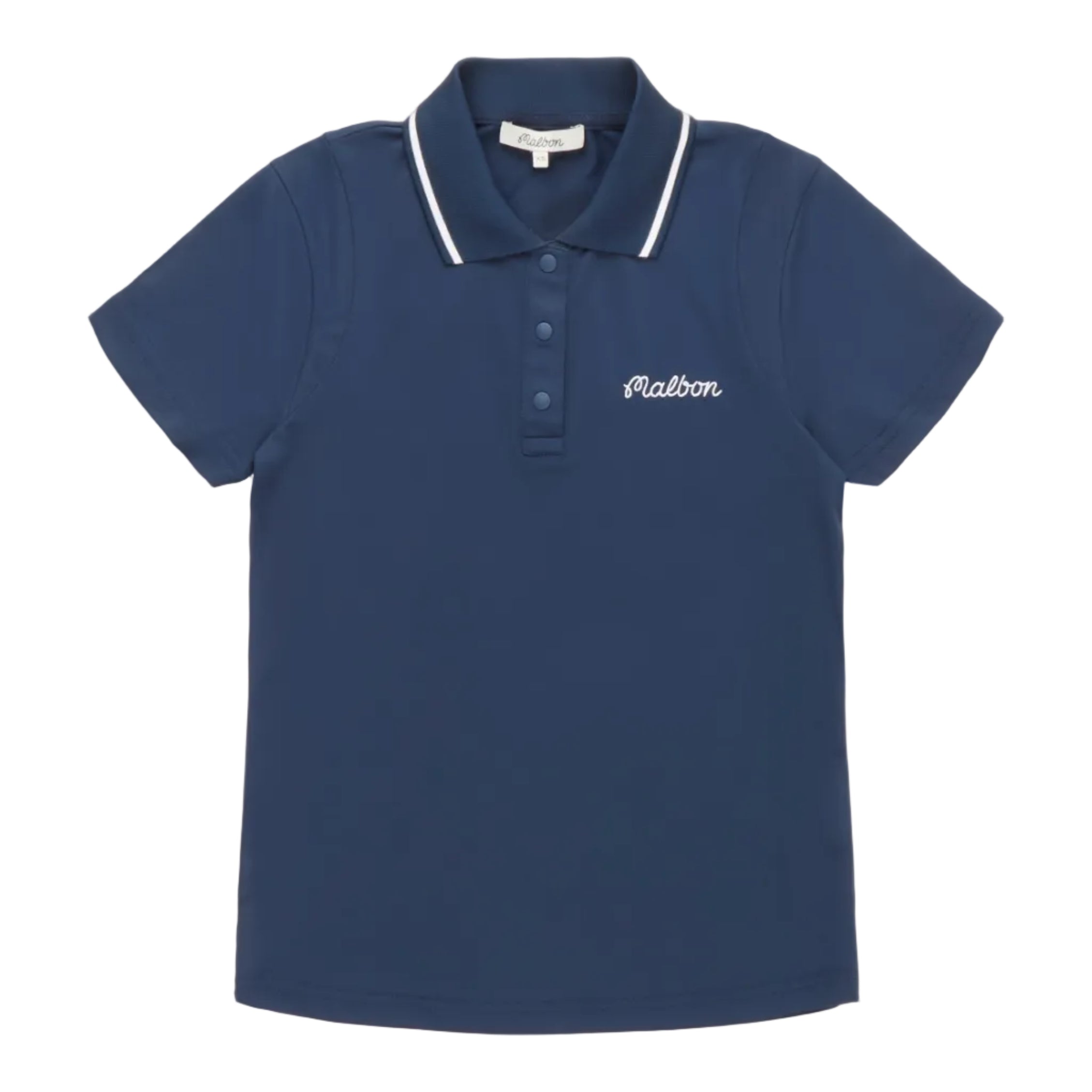Navy blue polo shirt with white trim on a white background