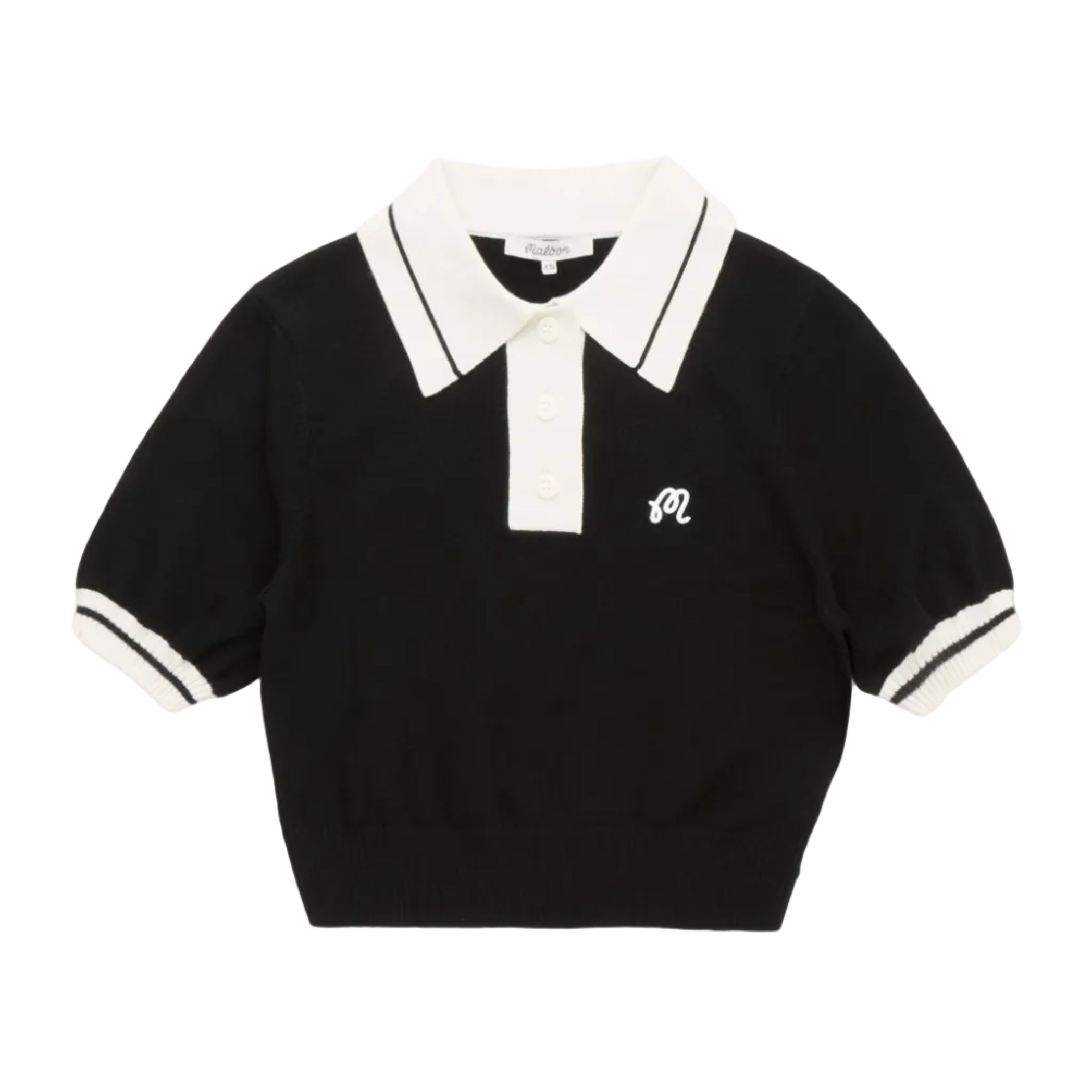 Black polo shirt with white collar and logo on a white background