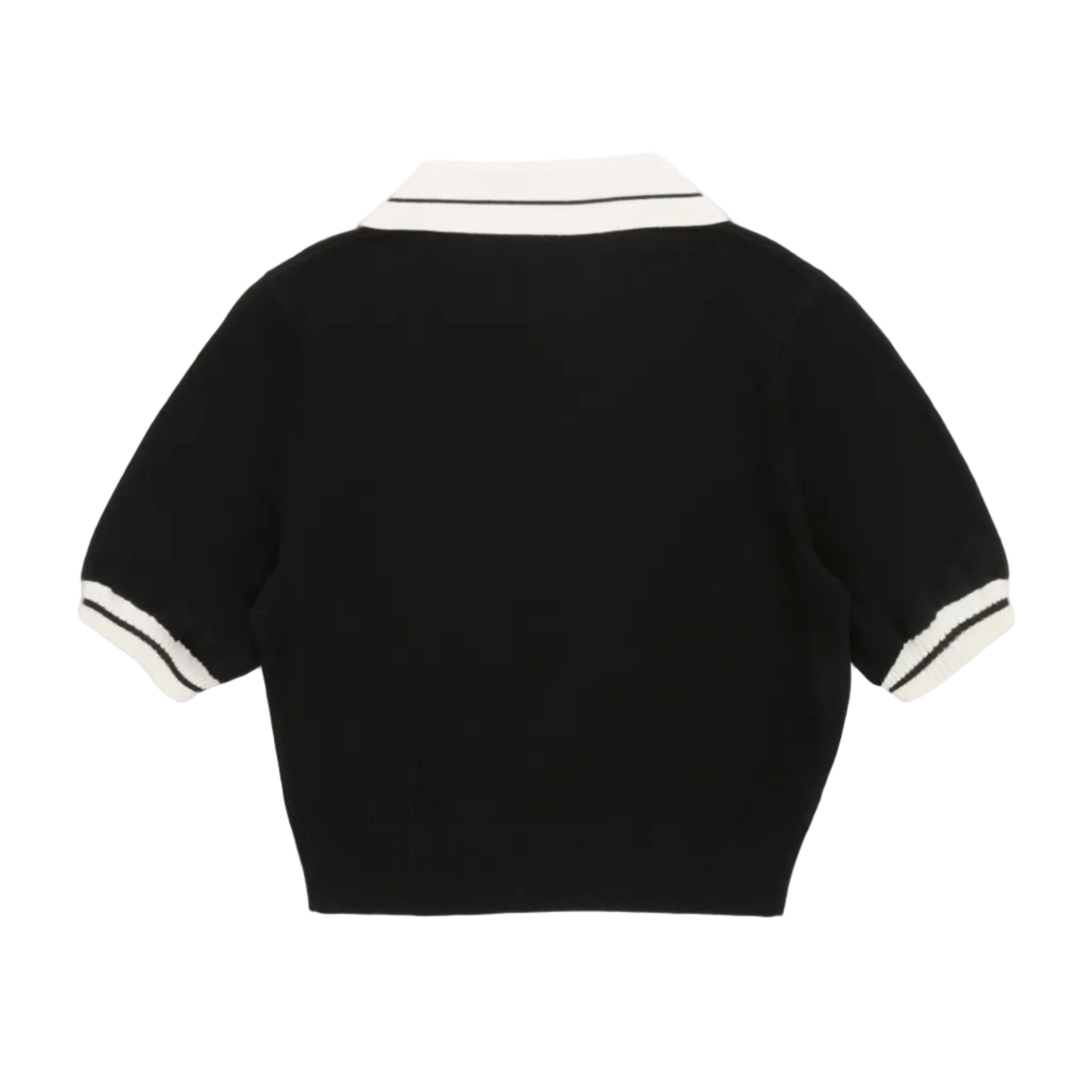 Black sweater with white trim on a white background