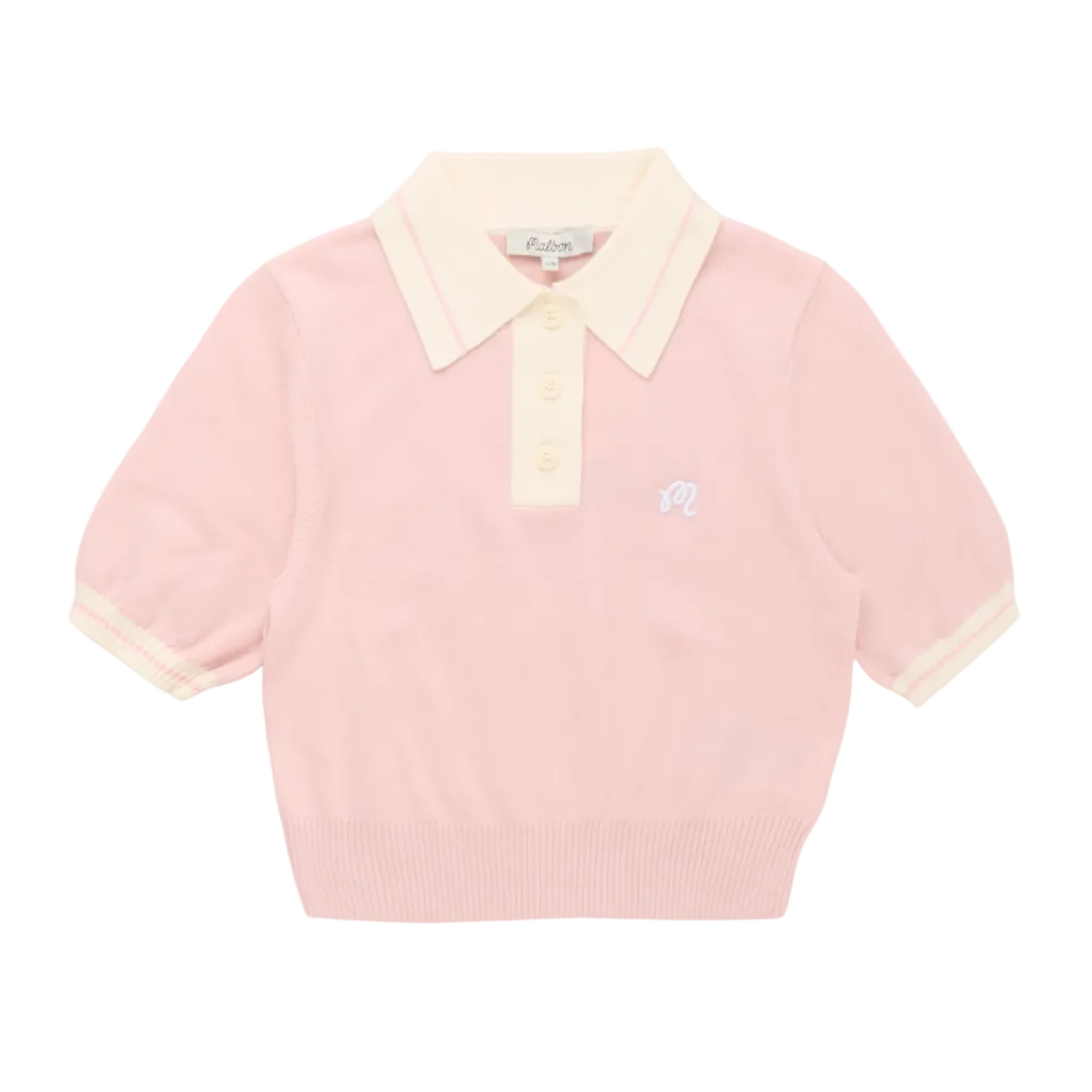 Pink polo shirt with a light yellow collar on a white background