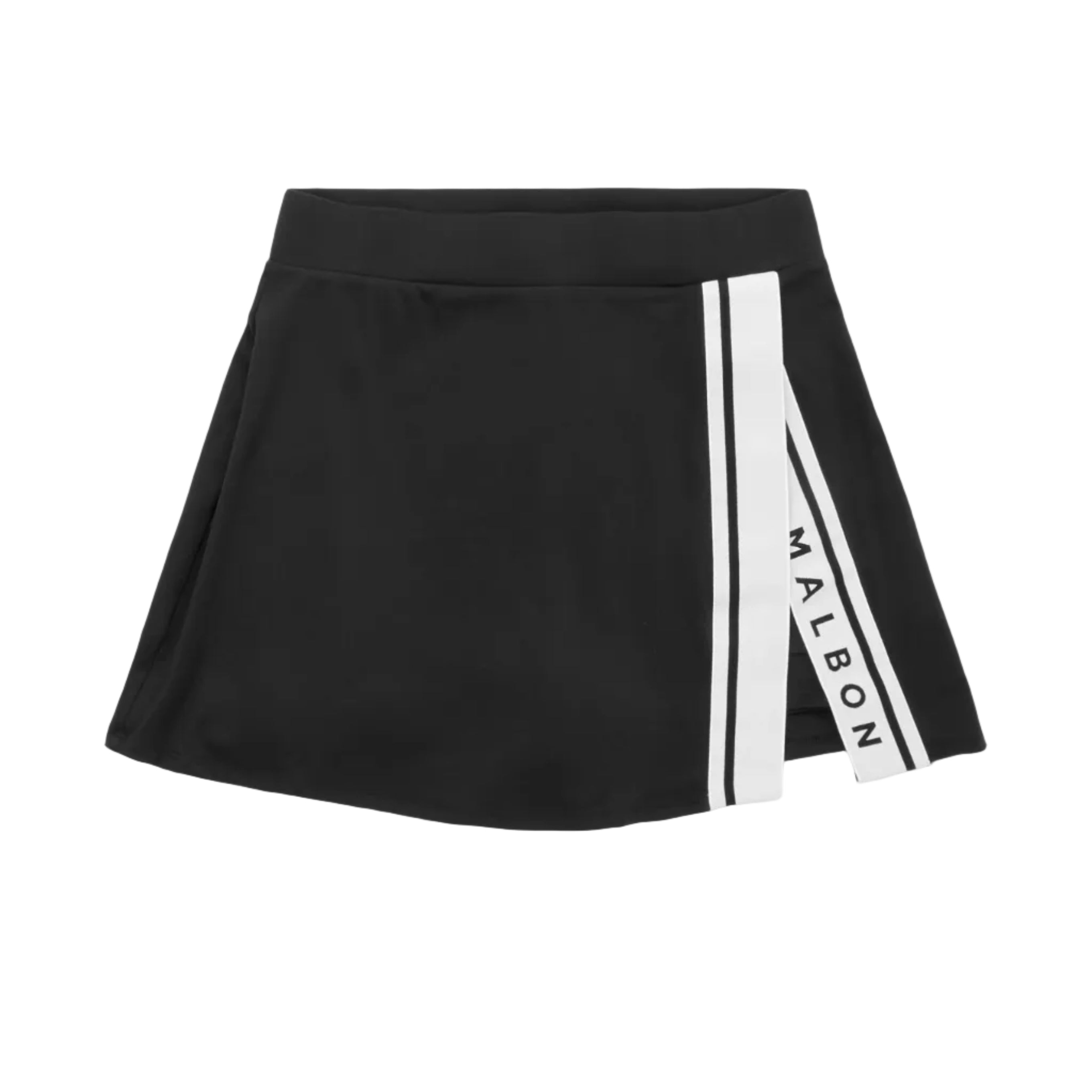 Black skirt with a white stripe and 'MALBON' branding on a light gray background