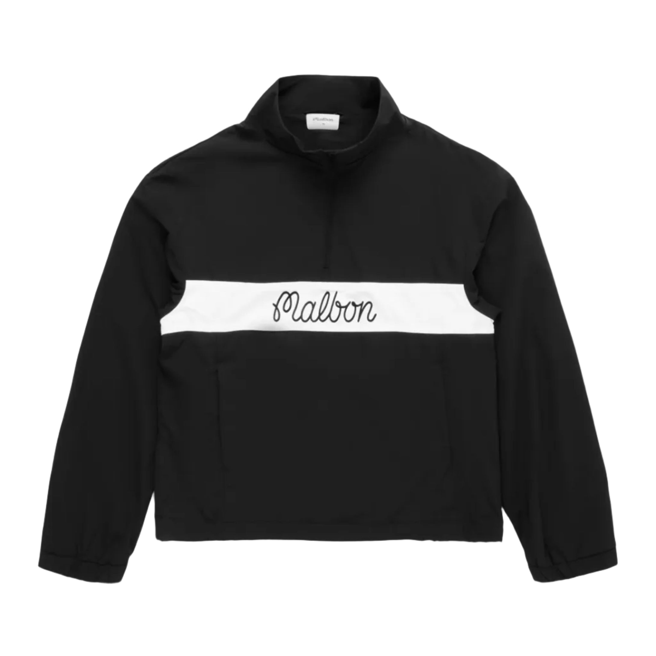 Black pullover with a white stripe and 'Malbon' branding on a white background