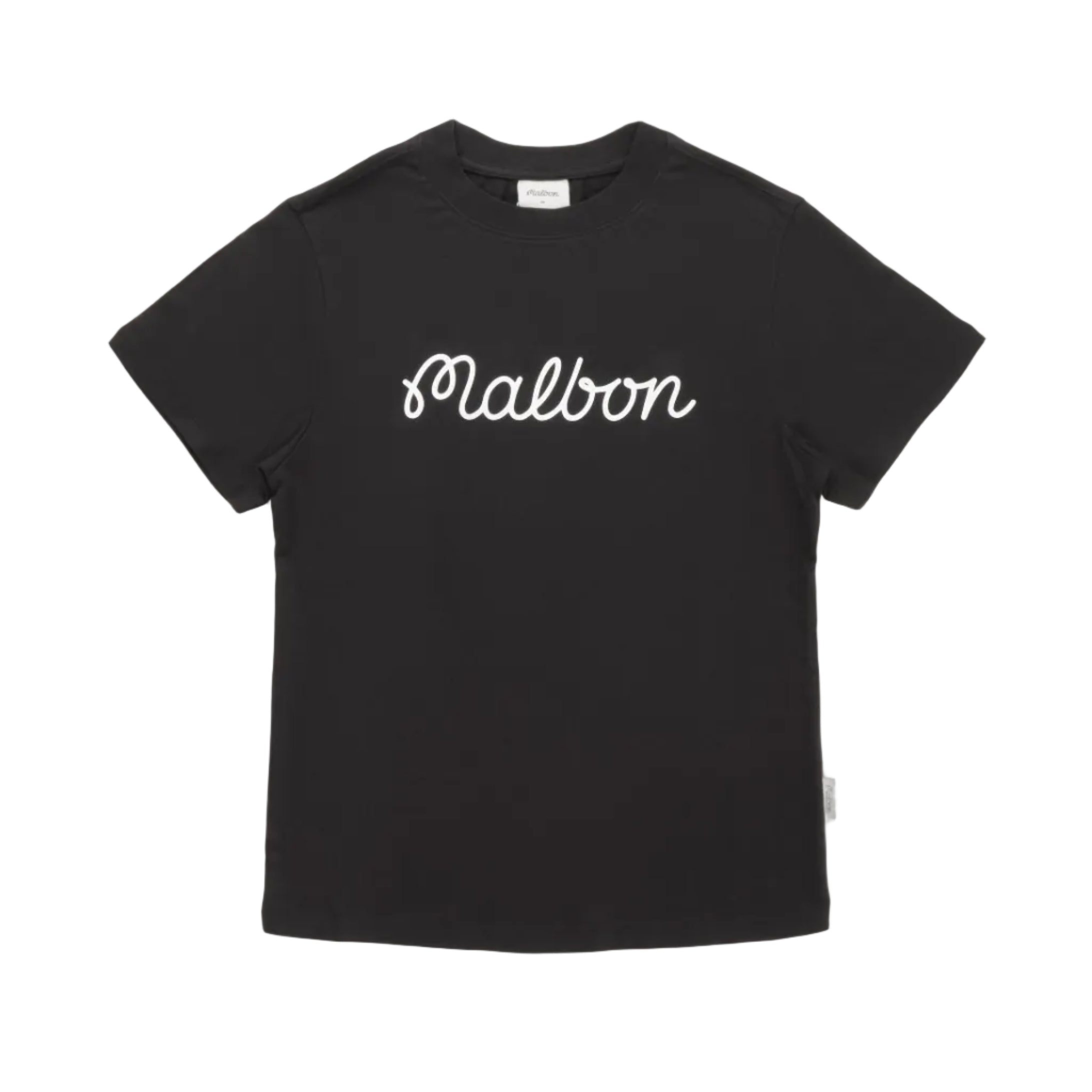Black t-shirt with Malbon logo in white on a white background