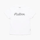 White t-shirt with 'Malbon' text on a white background