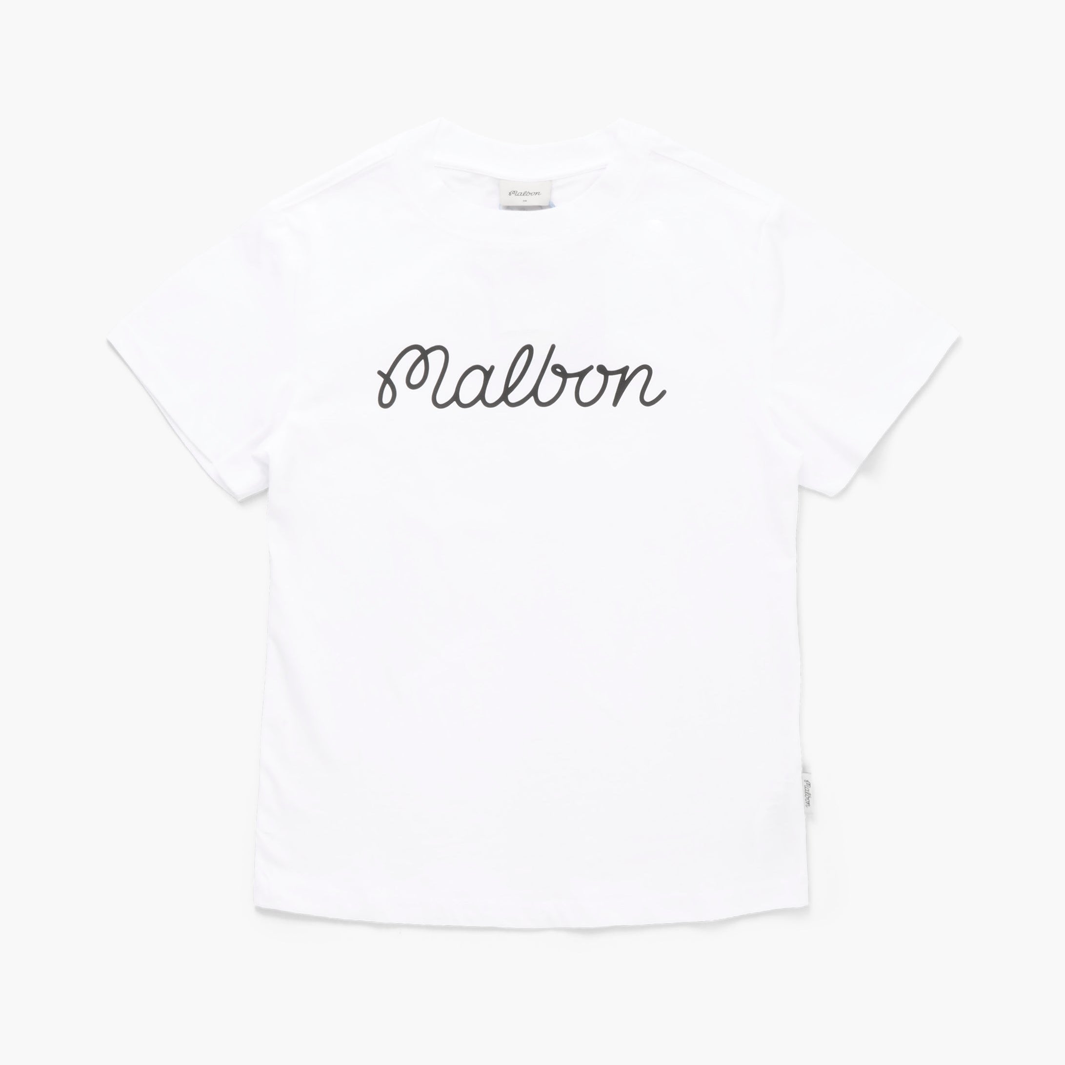 White t-shirt with 'Malbon' text on a white background