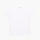 White t-shirt with a small logo on a white background