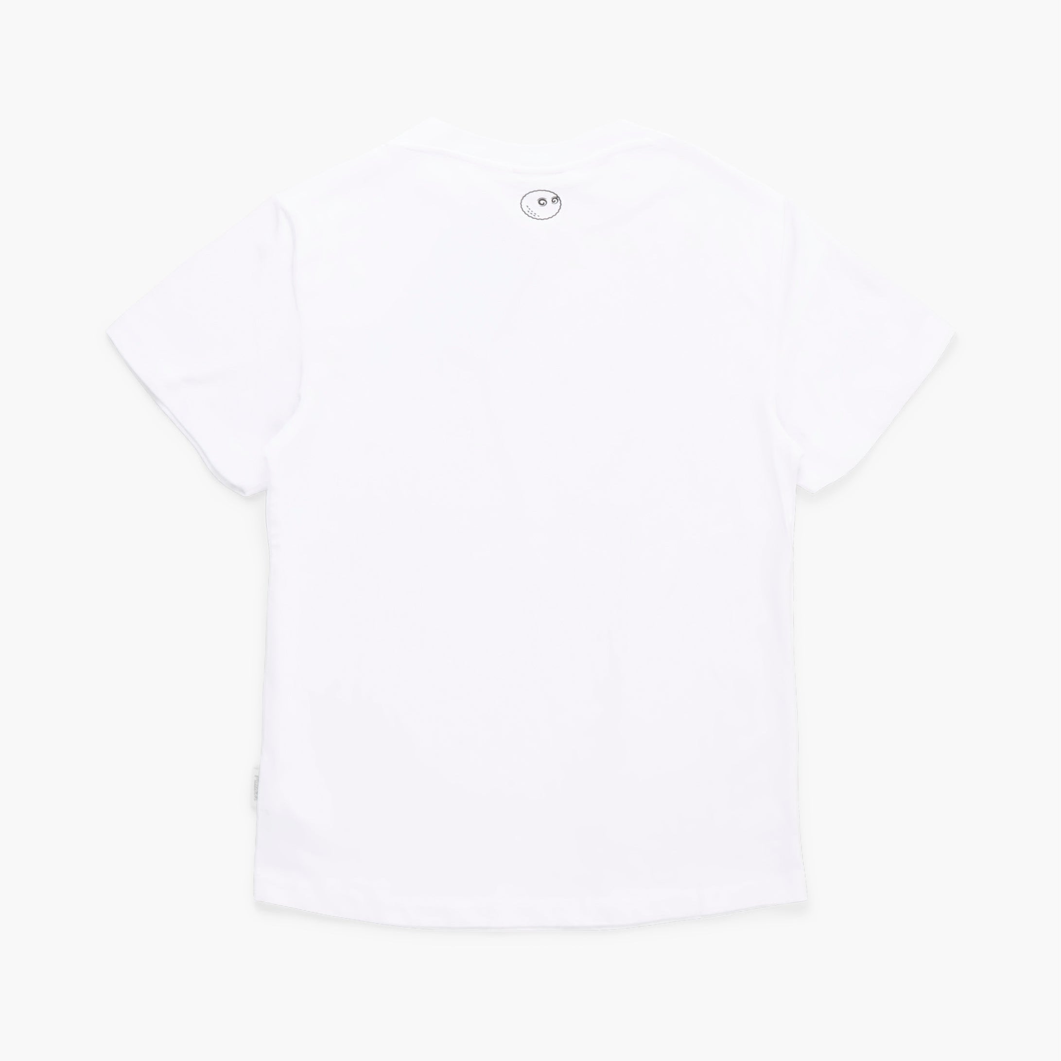 White t-shirt with a small logo on a white background