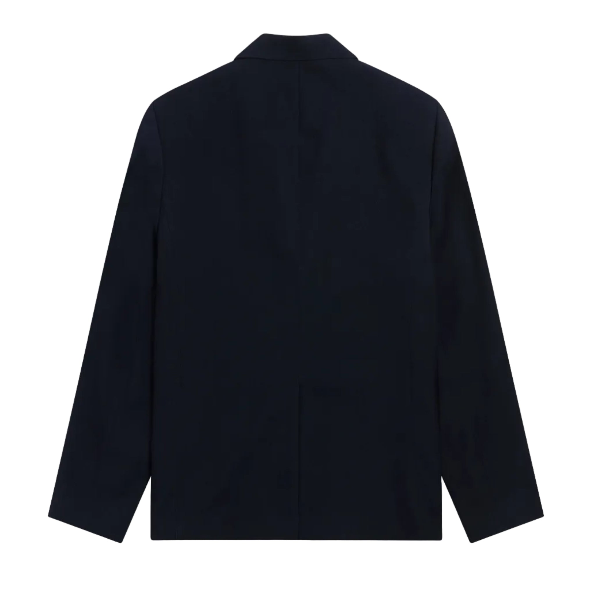 Back view of a navy blazer on a white background
