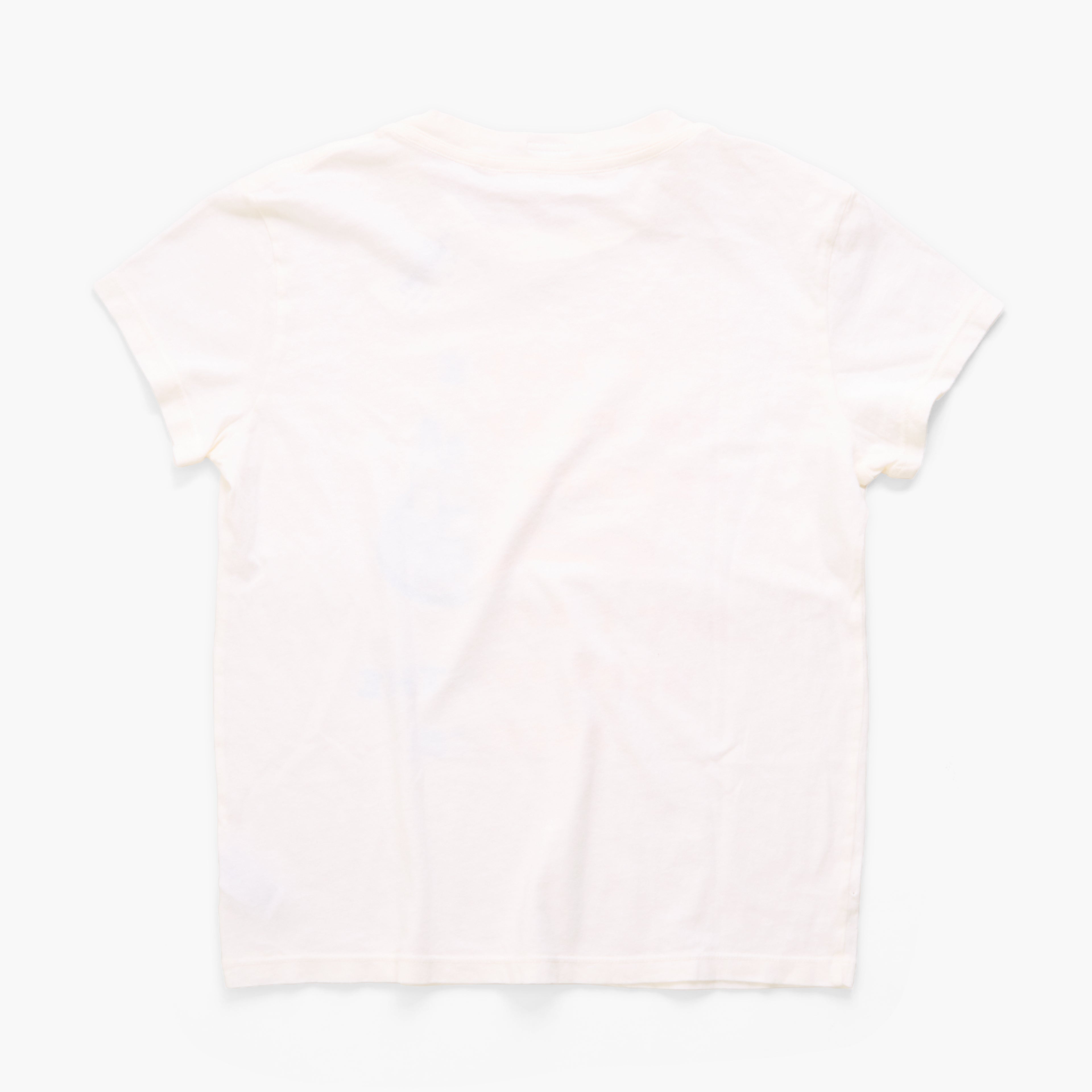 A light white short-sleeve t-shirt shown from the back, laid flat against a very light off-white background.