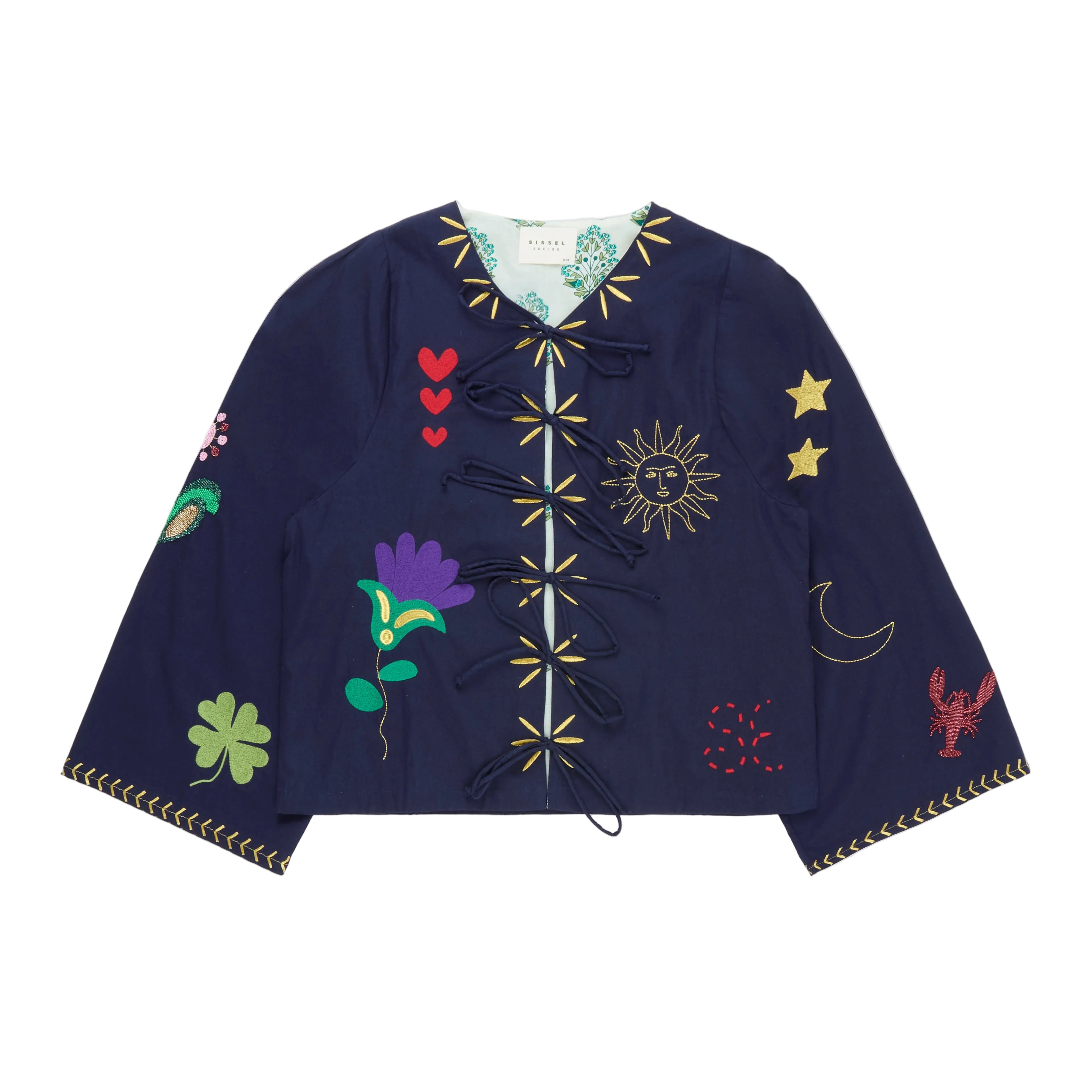 Navy blue jacket with colorful embroidery on a white background